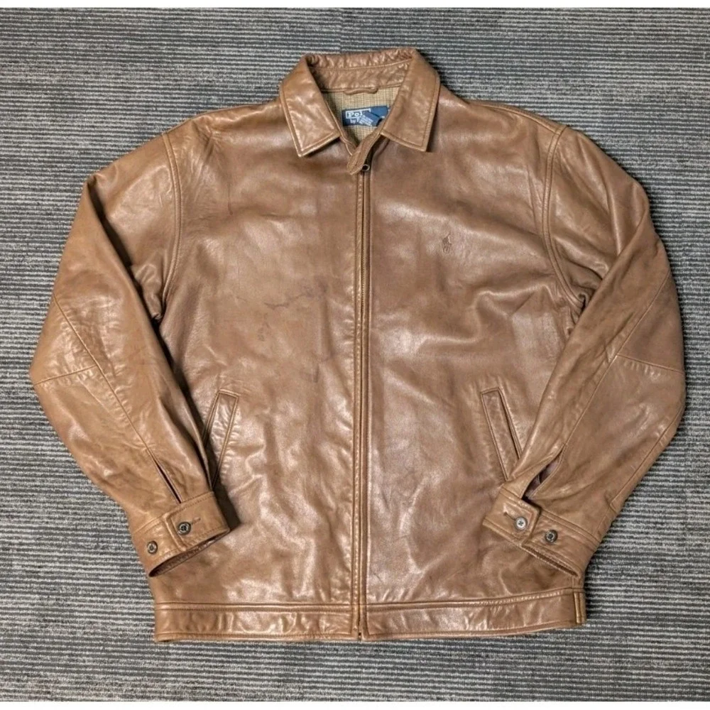 Polo Ralph Lauren Brown Lambskin Leather Harrington Bomber Jacket Men's Medium